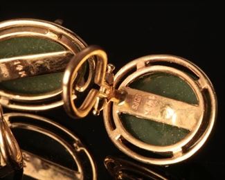 Gump’s 14K Yellow Gold and Jade Clip Earrings	12mm by 16 mm stone and 19mm by 15mm earrings	