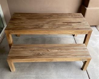 Modern Solid Teak Wood Patio Table W/ 2 bench seats	Table: 30x31.5x70.75in Bench: 16.5x16x63in	HxWxD