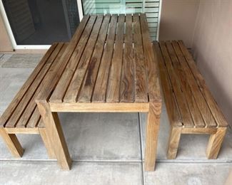 Modern Solid Teak Wood Patio Table W/ 2 bench seats	Table: 30x31.5x70.75in Bench: 16.5x16x63in	HxWxD