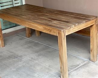 Modern Solid Teak Wood Patio Table W/ 2 bench seats	Table: 30x31.5x70.75in Bench: 16.5x16x63in	HxWxD