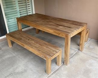 Modern Solid Teak Wood Patio Table W/ 2 bench seats	Table: 30x31.5x70.75in Bench: 16.5x16x63in	HxWxD