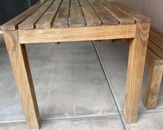 Modern Solid Teak Wood Patio Table W/ 2 bench seats	Table: 30x31.5x70.75in Bench: 16.5x16x63in	HxWxD