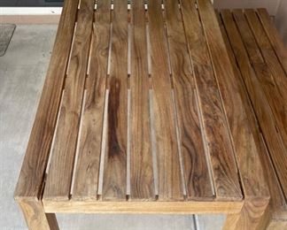 Modern Solid Teak Wood Patio Table W/ 2 bench seats	Table: 30x31.5x70.75in Bench: 16.5x16x63in	HxWxD