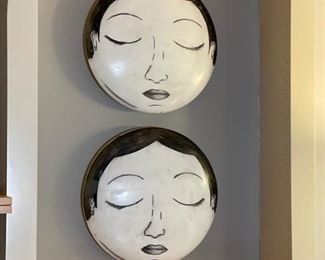 2pc Artist Made Ceramic Mexican Ceramic Face Art PAIR	2.5in H x 16in Diameter	