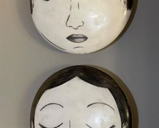 2pc Artist Made Ceramic Mexican Ceramic Face Art PAIR	2.5in H x 16in Diameter	
