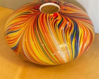 Multicolor Swirl Art Glass Hand Blown Pot	5in x 10in Diameter	