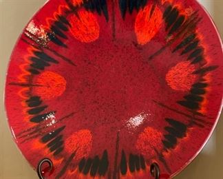 Poole England RED Plate Platter Plate w/ Stand	16in Diameter	