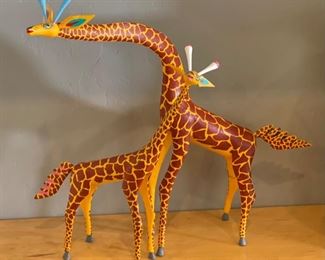2pc Oaxacan Wood Carving Giraffes Folk Art	16 & 13in H	