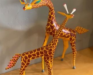 2pc Oaxacan Wood Carving Giraffes Folk Art	16 & 13in H	