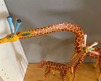 2pc Oaxacan Wood Carving Giraffes Folk Art	16 & 13in H	
