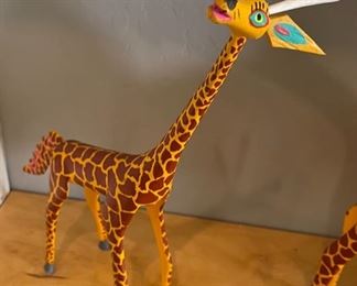 2pc Oaxacan Wood Carving Giraffes Folk Art	16 & 13in H	
