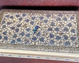 Kashmir Trinket Box Silver Leaf Hand Painted	2x7x4in	