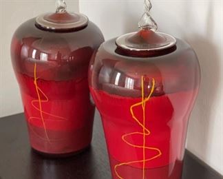 2pc Art Glass Lidded Jars PAIR	17in H x 10in Diameter	