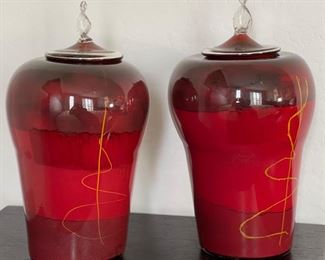 2pc Art Glass Lidded Jars PAIR	17in H x 10in Diameter	