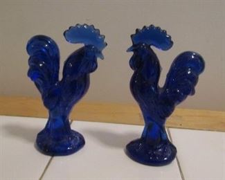 Pair of Cobalt Glass Roosters- 4 1/2" x 2 1/2"