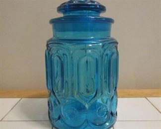 Vintage Blue Glass Canister with Lid- 9" x 5"