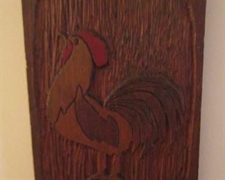 Vintage Carved Rooster on Wood Plank Hanging- 16" x 9 1/2"