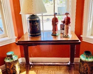 Architect’s drafting table, Mottahedah Asian nodders, tea tin lamp and tins