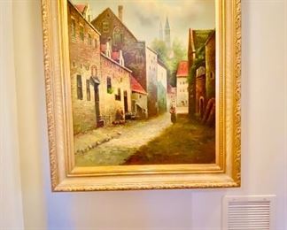 Large unsigned European cityscape oil on canvas