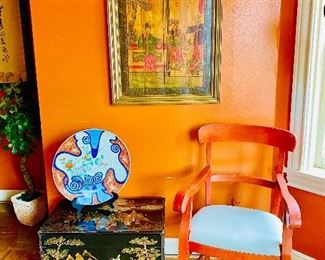Chinoiserie trunk and painting on panel, Asian charger, Asian style chair
