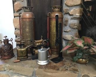 Vintage/antique Hartford fire extinguishers, various vintage torches