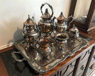 Silver over Copper.  7 piece set.  Water Kettle, Coffee Pot, Tea Pot, Sugar, Creamer, Waste, Tray. 1930s?   $600