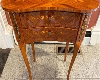 Wood Accent Table with inlaid wood and brass accents 18 “x 12”x 28” $375