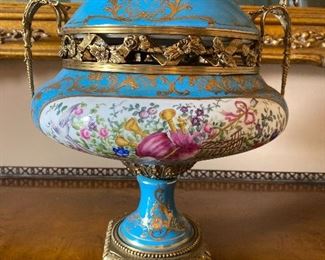 12”w x 14”T Sevres of France Celeste Blue Porcelain and Brass Ormolu Lidded Pedestal Potpourri Urn $1995..... MAKE AN OFFER