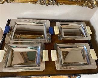 Jean Couzon France stainless serving platters. Large with blue handles 18” x 11”; Small with white handles 15” x 9” LG $45; SM $38 each