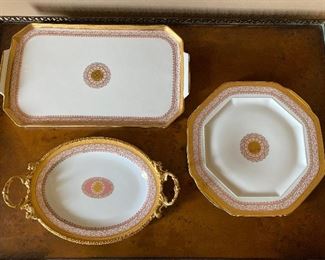 Limoges France 22k gold. Rectangle 18” x 10” $42; Round 10” $40; Oval 14”, $45