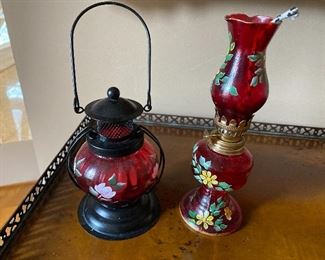 Hand painted lantern $30 and oil lamp $45