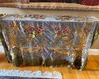 Silk tablecloth with fringe and appliques 63” x 76” $350