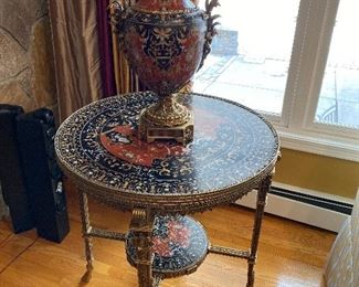 Heavy Stone Ornate Table with Matching Urn 23” x 14”; table 27” x 30” $850.