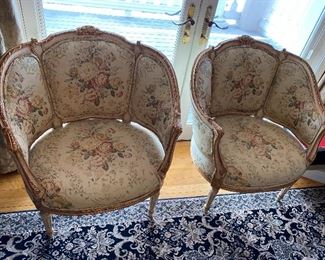 Pair of Fabulous French Barrel Lacquered Wood Chairs 32” x 27”; seat to floor 15” $1,250 - - NEW PRICE $950