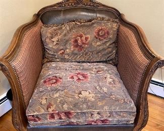 Upholstered Antique Chair with wood frame 35” x 37”; floor to seat 22” $325 - see matching sofa