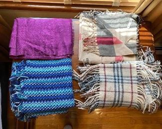 Scarves : purple $25; Burberry SOLD top RT $95;  Burberry 100% Cashmere SOLD Double Fringe $85 ; Blue multi color $25