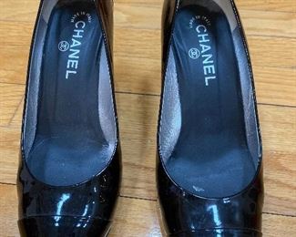 Chanel Black Patent Leather Pumps with gold heels Size 38.5 $225