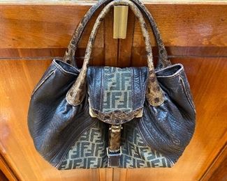 Fendi Brown Nappa Leather and Monogram  Canvas Tortoise Handle Spy Bag 16” x 10” $775