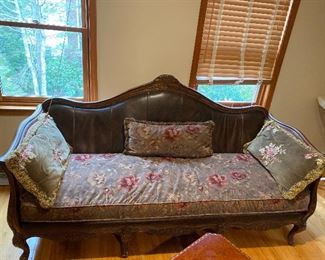 Antique Sofa with wood frame 85” x 35”; floor to seat 21” $585 - see matching chair