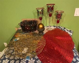 Holiday Lot: Placemats, candle holders, basket, etc. $28