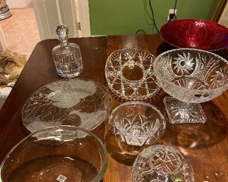 Front Left bowl $22; Glass Plate $15; Decanter $18; Middle Top Bowl $22; Middle Waterford small bowl $38; Pedestal Bowl $30; Front Rt Waterford $$38