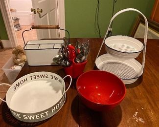 White utensil holder $18; Flatwear and holder $30; White tiered stand $24; Home sweet home tray $18; Red bowl $10