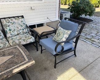 Pair of outdoor chairs with blue cushions $75