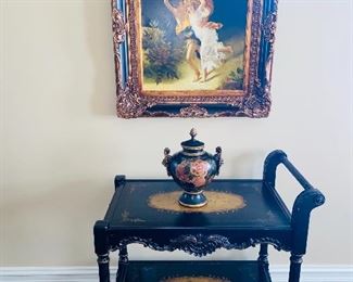 ORNATE WOODEN HAND PAINTED TEA CART
35”L x 22”W x 34.5”H
BEAUTIFUL LIDDED URN
13.5” HEIGHT
H. MATHEWS OIL ON CANVAS PAINTING
34”L x 30”W
