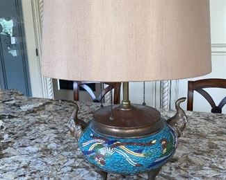 RARE & ANTIQUE ELEPHANT TRUNK UP CHAMPLEVE CLOISONNÉ BIRD ROOSTER ENAMEL LAMP