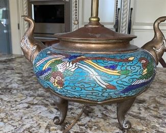 RARE & ANTIQUE ELEPHANT TRUNK UP CHAMPLEVE CLOISONNÉ BIRD ROOSTER ENAMEL LAMP