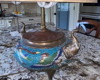 RARE & ANTIQUE ELEPHANT TRUNK UP CHAMPLEVE CLOISONNÉ BIRD ROOSTER ENAMEL LAMP