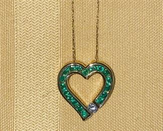 14K EMERALD & DIAMOND HEART PENDANT ON 10K NECKLACE