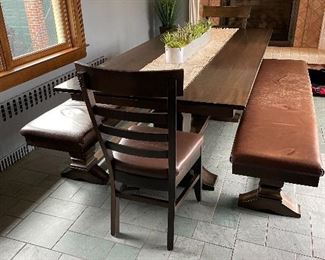 Wooden table, 2 benches, 2 chairs
