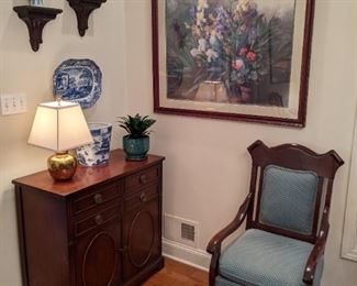 1940's mahogany bachelor's chest, the other of the pair of freshly upholstered mahogany armchairs, blue/white porcelain items. 
